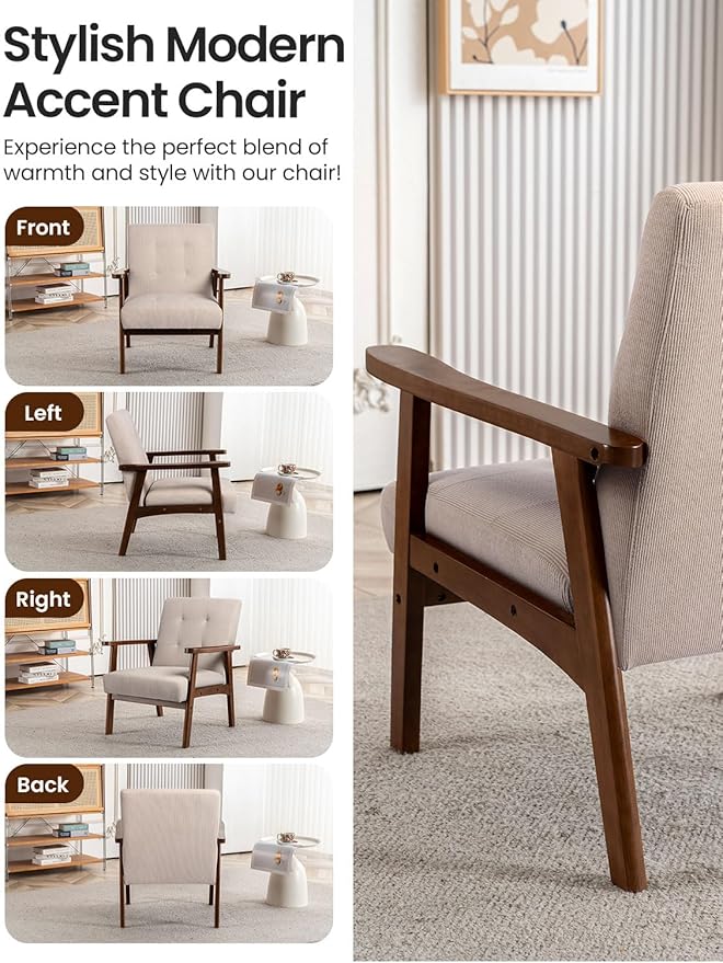 Mid Century Modern Accent Chairs for Living Room Comfy Bedroom Chairs for AdultsSmall Wide Reading Nook Arm Chair 105° Ergonomic Cozy Khaki Corduroy Armchair with Rubber Wood