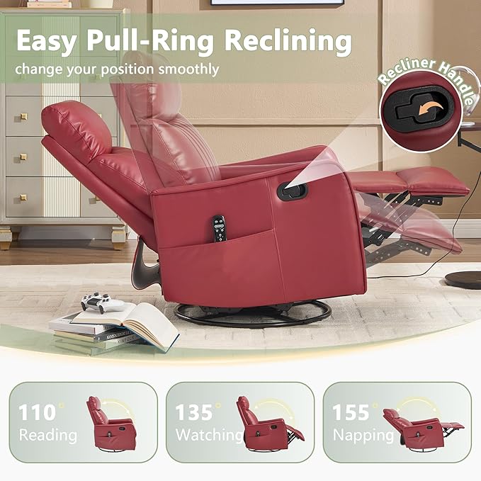 cinkehome Heated Massage Swivel Rocker Recliner Chair for Nursery - Small Space Reclining Chair with Lumbar Support 360° Swivel &amp Gentle Rocking Ergonomic High Back Faux Leather Red