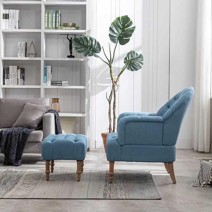 Accent ChairButton-Tufted Upholstered Chair SetMid Century Modern Chair with Linen Fabric and Ottoman for Living Room Bedroom Office LoungeBlue