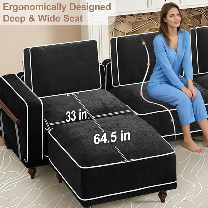 112 Cloud Modular Sectional SofaOversized Deep 3 Seater Couch with Armrests Wooden LegsComfy Thicked Cushion Upholstered Sofa for Living Room BedroomBlack
