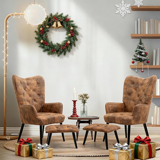 ECOTOUGE 2 Pieces Accent Chair with Ottoman Button Wingback Chair Wingback Leisure Single Sofa Arms Upholstered Tall Back Leather Chairs for Bedroom Brown (Anti-Skid Feet Caps)
