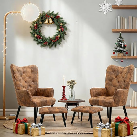ECOTOUGE 2 Pieces Accent Chair with Ottoman Button Wingback Chair Wingback Leisure Single Sofa Arms Upholstered Tall Back Leather Chairs for Bedroom Brown (Anti-Skid Feet Caps)