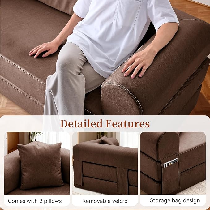 4-in-1 Folding Convertible Sofa Bed 78 Inch Faux Leather Boneless Couch Loveseat Sleeper with Pull Out Bed Floor Sofa Modular Futon Teddy Sofa for Living Room Bedroom Lounge Brown