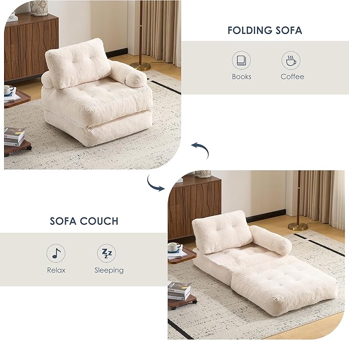 Folding Sofa Bed with ArmrestConvertible Sleeper Chair for Adults Folding Sofa Bed Foam Filling Couch with PillowSleeper Chairs Single Size Floor MattressWhite