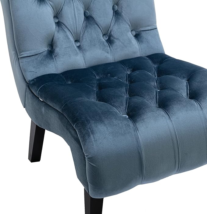 Yoluckea Modern Upholstered Accent Chair S-Shape Armless Lounge Chair for Bedroom Living Room Comfy Velvet Chaise Chairs with Button Tufted Back and Solid Wood Legs Light Blue