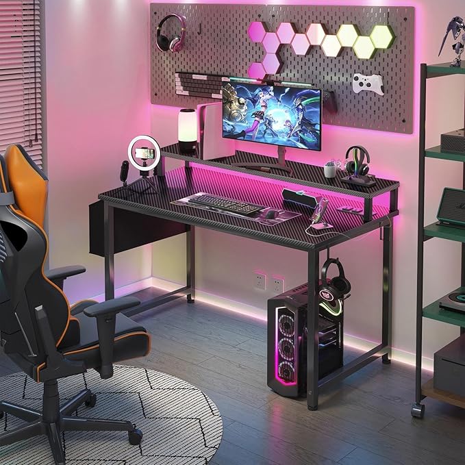 Lufeiya Gaming Desk with Power Outlets and LED Lights 40 Inch Gamer Desk Table with Charging Station Home Office Computer Desks with Monitor Black