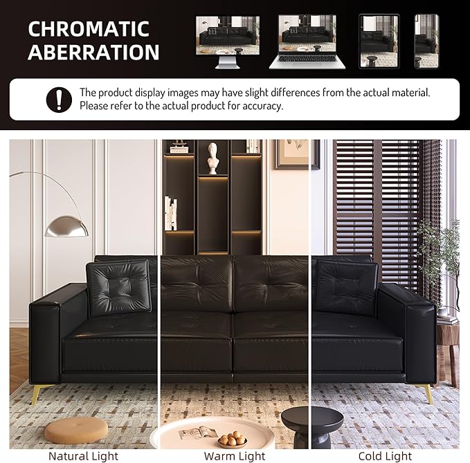 92.1'' King Pull out Sofa Bed Convertible Futon Couch 3-in-1 Faux Leather Sleeper Sofa with Tufted Back 2 Pillows Gold Legs Deep Folding Loveseat Couches for Living Room Apartment Black