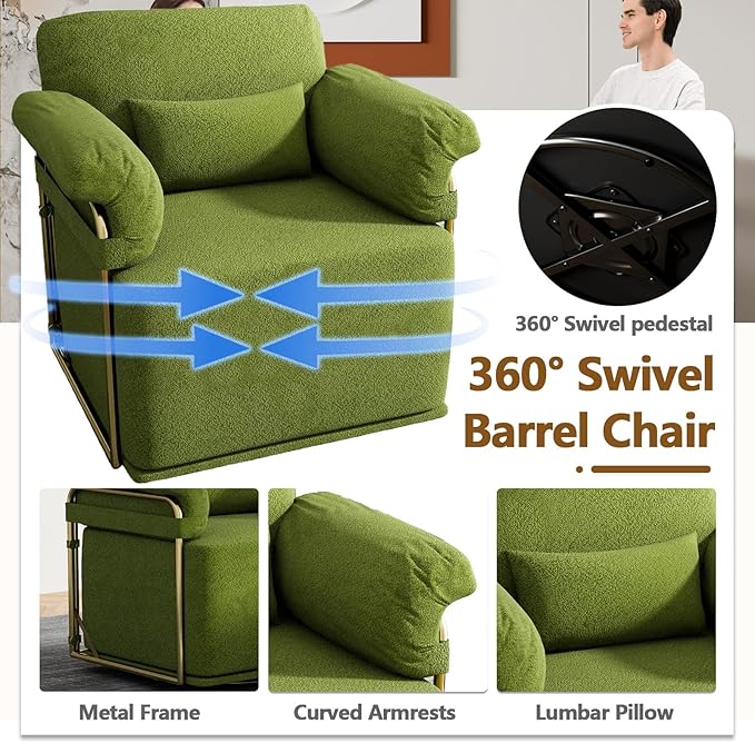 Swivel Accent Chairs 360 Swivel arm Chairs for Bedroom Club Chair with Back Gold Frame Tall Base for Office and Living Room (Green)