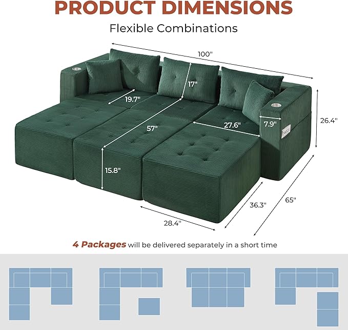 100 Modular Sectional Sofa Bed Oversized 6-Seater Boneless Tufted Cloud Sleeper Couch with Cup Holder and Movable Ottoman Corduroy Upholstery Couches for Living Room No Assembly Green