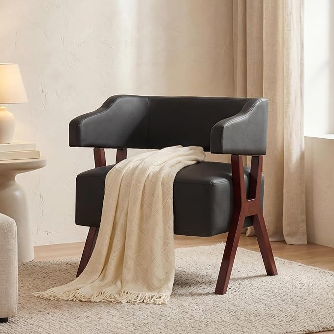 STHOUYN Leather Accent Chairs Barrel Chair with Solid Wood Frame Mid-Century Modern Wooden Armchair with Wraparound Back Comfy Office Reading Chair for Living Room Bedroom (1 Black)