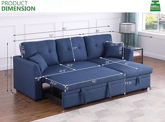 BEEY Sleeper Sofa Bed 82 Small Convertible Sectional Sofa Couch with Storage Chaise L Shaped Couch with Pull Out Bed for Bedroom Living Room (Navy_Blue_2)