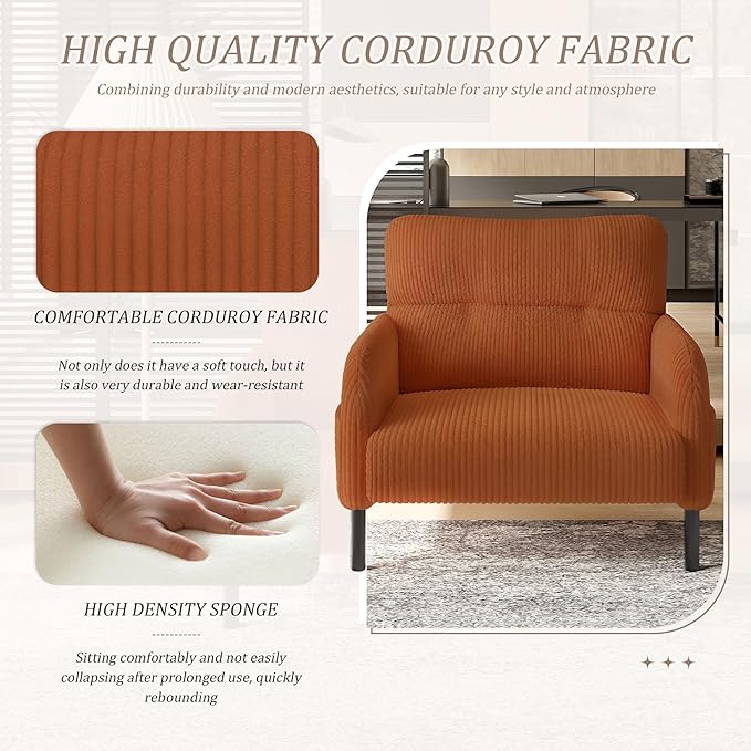 26 Modern Single Couch Sofa Corduroy Fabric Armchair Upholstered Sofa Single Sofa Chairs for Small Space Living Room Bedroom Apartment Orange