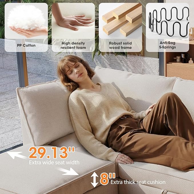 128 6 Seat Modular Sectional Sofa with Storage Sturdy Solid Wood Structure Modular Sectional Sofa Cloud Couch Washable Spacious Couches for Living Room Apartment Loft Beige