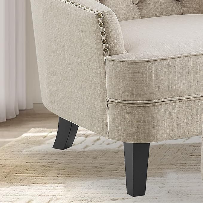 Rosevera Accent Chair and Ottoman Set - Button Tufted Armchair for Living Room Bedroom Reading - Mid-Century Modern Lounge Chair Set - Beige