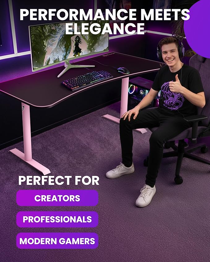 Arozzi Arena Large Gamer Desk - 63x32” Adjustable Height PC Gaming Desk with Storage for Cables &amp Triple-Monitor Support - Full-Surface Washable Mousepad - Pink