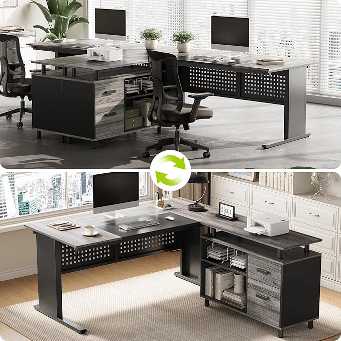 LITTLE TREE Large Computer Desk with File Cabinet 63 Inch Executive Desk L Shaped Office Desk with Drawers and Storage Shelves Business Furniture Desk Workstation for Home Office