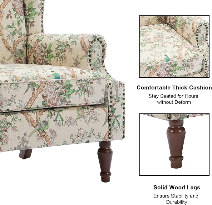 Floral High Back Accent Chair Upholstered Armchair with Solid Wood Legs Comfy Wingback Reading Single Sofa Chair for Small Spaces Living Room Bedroom(Floral Bird Set of 2)