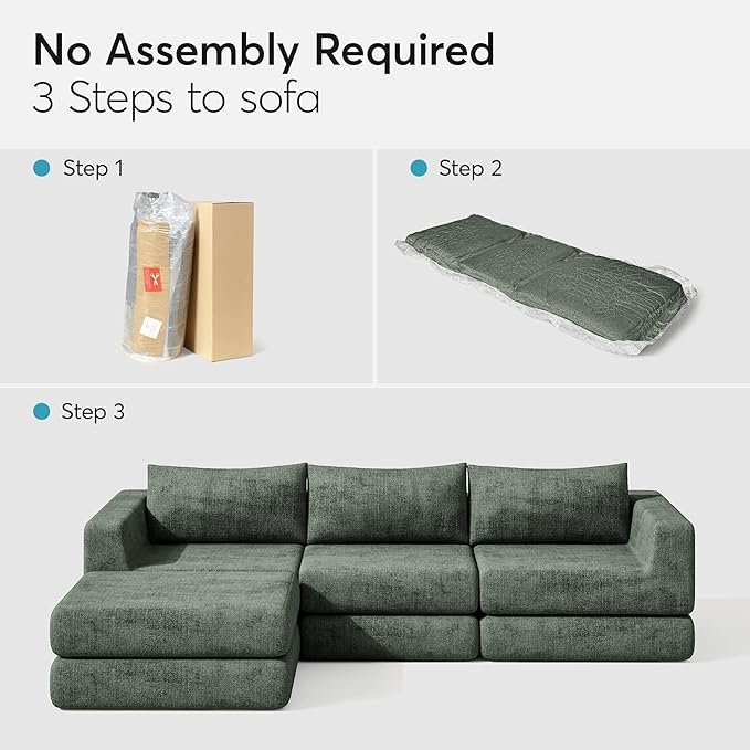 Cloud Boneless Modular Sectional Sofa 95.5 Modern Chenille Couch for Living Room Convertible L-Shaped Sleeper Sofa Bed with Ottoman Deep Seat Cloud Couch Sectional No Assembly Required Green