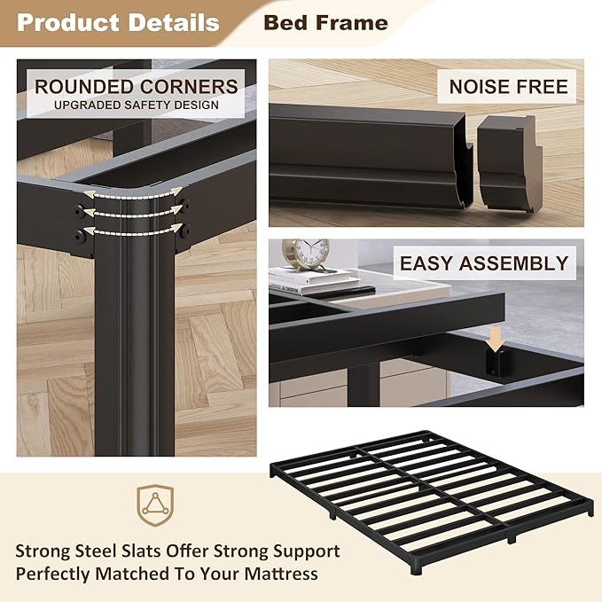 3 inch Low Full Size Bed Frame with Rounded Corner Heavy Duty Metal Easy Assembly Noise Free Black