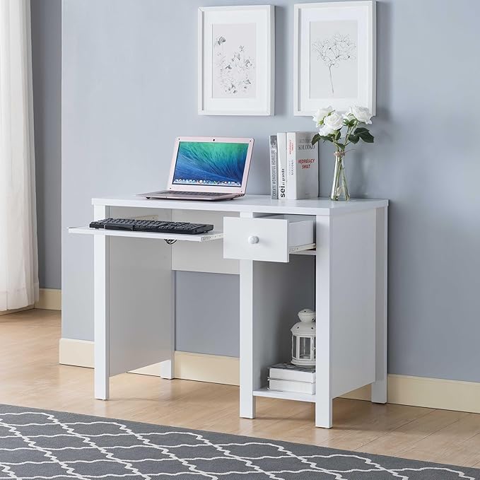 Student Desk Home Office Desk 39 W Compact Desk Writing Desk Laptop Desk White One Drawer Keyboard Drawer Wooden Knob
