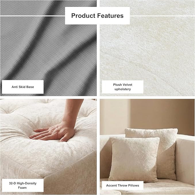 · REDEARTH · 3-Seater Modular Velvet Sectional Sofa No-Assembly Compressed Couch in a Box with Ottoman Firm Support Boneless Modular System in Plush Velvet for Living Room (3-Seater) Cream
