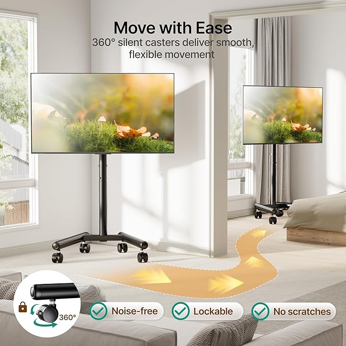 2026 Upgraded Mobile TV Stand for 13-50 TVs Rotating Rolling TV Stand with 30° Tilting Hold up to 55lbs Height Adjustable Mobile TV Cart for Home Office Max VESA 200x200mm