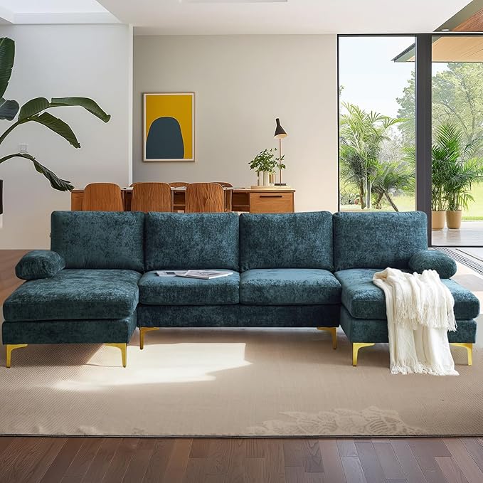 VINGLI 110 Large U-shape Sectional Sofa Couch with 51D Double Chaise for Living Room Modern Sectional Couch Set with Soft 5.9 Thickness Seating Padding Chenille Fabric Metal Gold Legs(Rich Cyan)