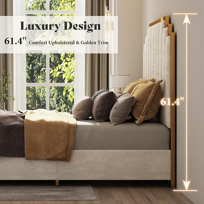AMERLIFE Queen Size Upholstered Bed Modern Velvet Bed Frame with 61.4” Tall Gold Trim Headboard No Box Spring Needed Cream