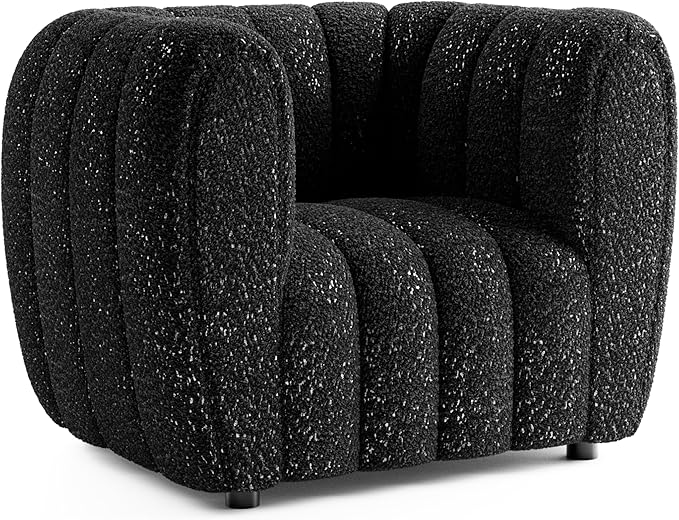 Furniture of America Glamour Contemporary Vertical Channel Tufted Boucle Accent Chair with Wooden Legs Fabric Upholstered Armchair for Living Room Bedroom Office Black