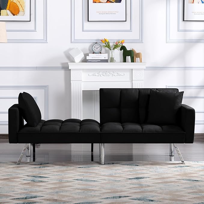 74 Futon Sofa BedConvertible Sleeper Couch with Adjustable Backrest and Pillows Comfy Velvet Cloud Sofa LoveseatModern Loveseat for Living Room and Bedroom（Black）