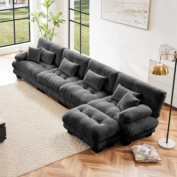 Grey Ottoman for Modular Sectional Sofa Single Sofa Ottoman Seat for Convertible Sectional Chenille Sofa Couch for Living Room Bedroom Apartment