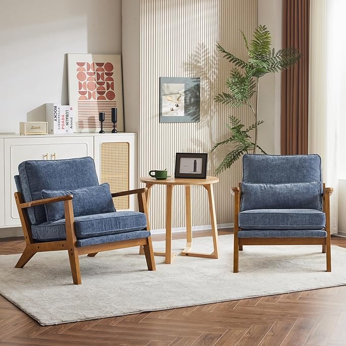 Karl home Accent Chair Wide Armrest Mid-Century Lounge Chair Chenille Armchair with Lumbar Pillow &amp Solid Wood Frame for Living Room Bedroom Balcony Dusty-Blue