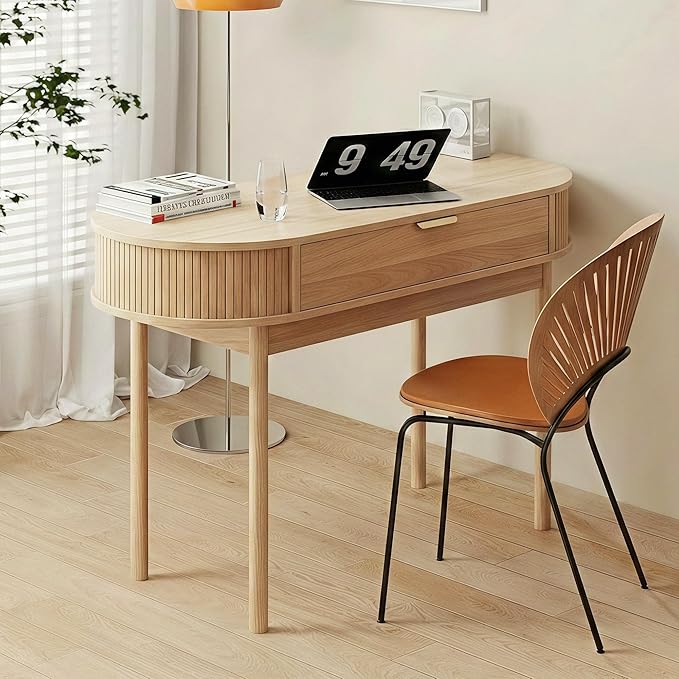 Writing Desk with Drawer 39 Small Computer Desk with Fluted Design Oval Wood Study Table for Small Space Modern Home Office Desk Makeup Vanity Table for Bedroom Oak