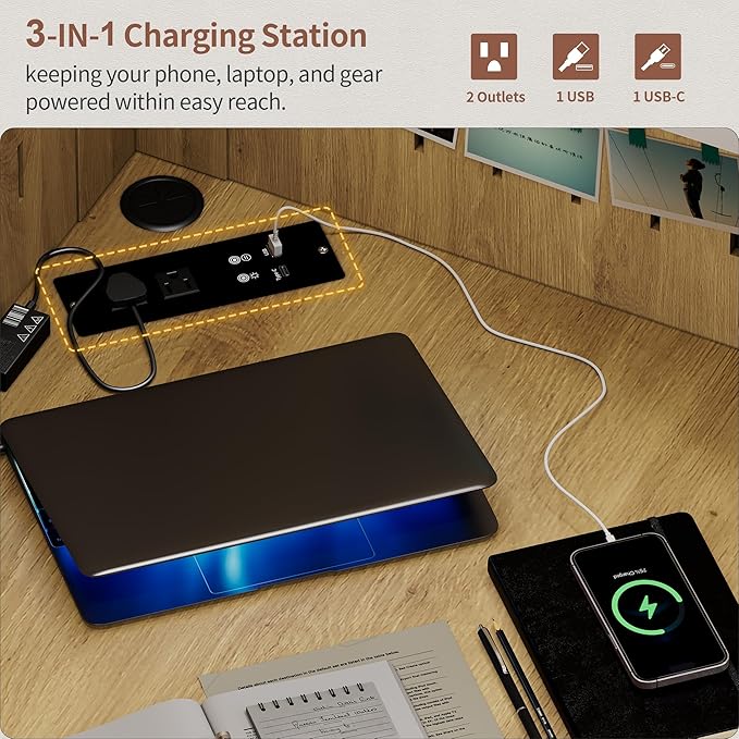 L-Shaped Corner Desk LED Light Computer Desk with Charging Station Hutch Storage Shelves &amp File Cabinet Home Office Desk Workstation for Small Space Natural Wood