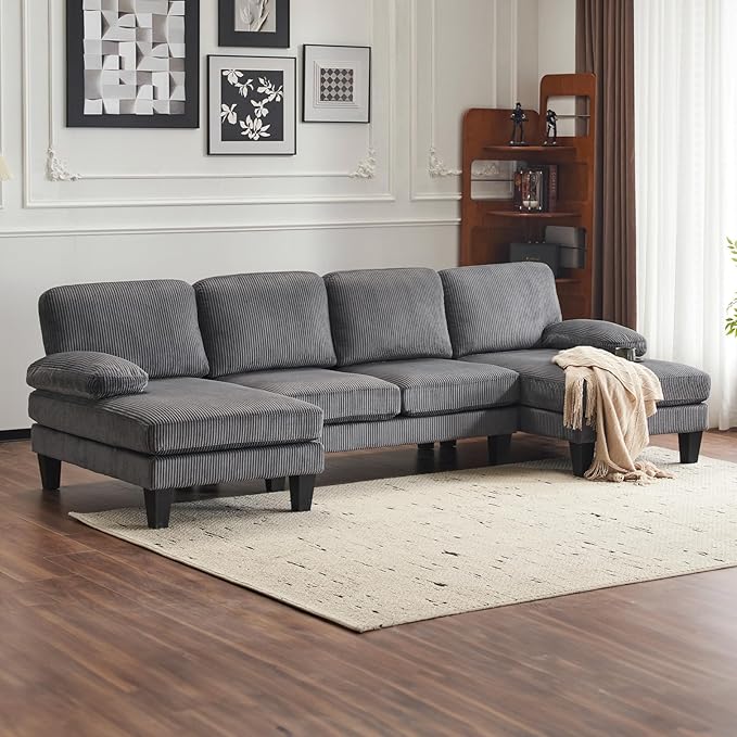 VINGLI 110 Sectional Couches for Living RoomU Shaped Couch with Double Chaise 4-Seat Sofa Set with Corduroy Fabric for Home FurnitureGrey