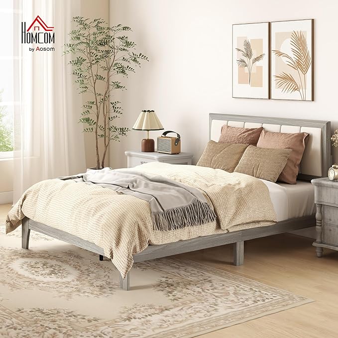 HOMCOM Full Size Bed Frame with Upholstered Headboard Platform Bed Frame with Wooden Slats No Box Spring Needed Easy Assembly Gray