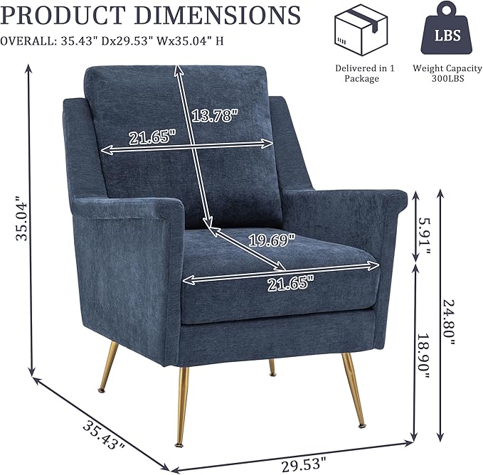 Accent Chair Set of 2 Mid Century Modern Living Room Chairs with Gold Metal Legs Navy Wingback Arm Chairs for Bedroom Performance Fabric