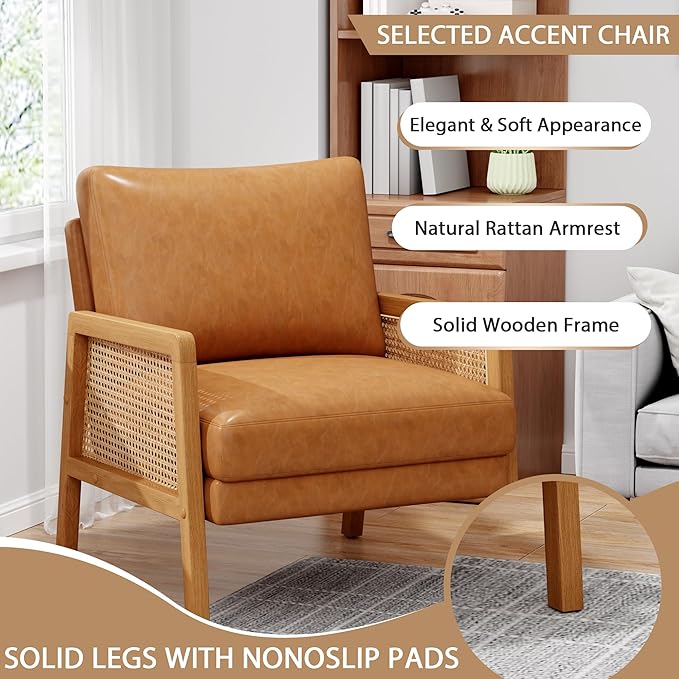 WENTMENT Faux Leather Accent Chairs Set of 2 Armchair with Natural Rattan Armrest Upholstered Living Room Chair Comfy Single Sofa Chair for Reception Room/Hosting Room/Bedroom(Brown)