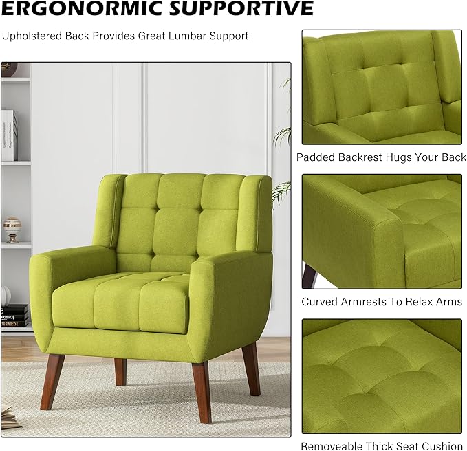 UIXE Accent Chairs Set of 2 Modern Upholstered Arm Chair in Fabric for Living Room Comfy Armchair Single Sofa Seat with Solid Wooden Legs (Green)