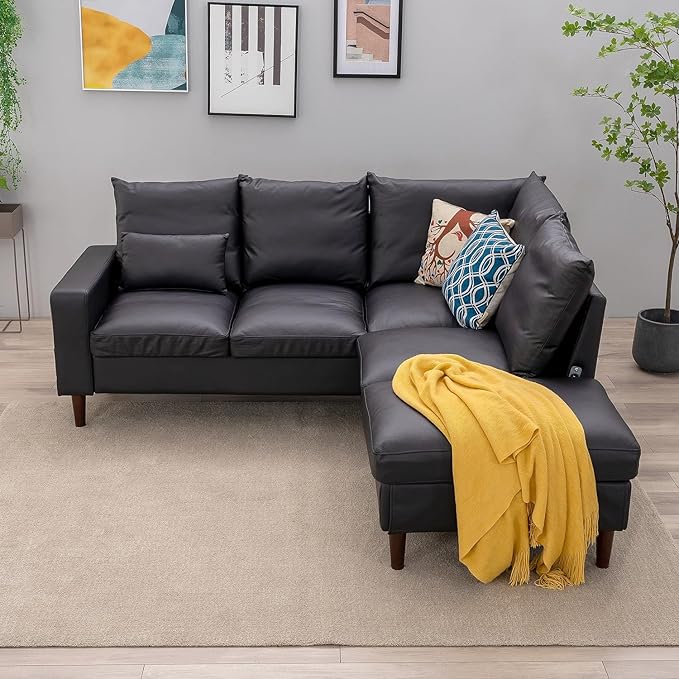 Panana Sectional Sofa 5 Seater L Shape Corner Chaise Sofa for Apartment with Built in USB Port Chaise (Black Artificial Leather 5 Seats Corner Sofa with Built in USB Chaise)