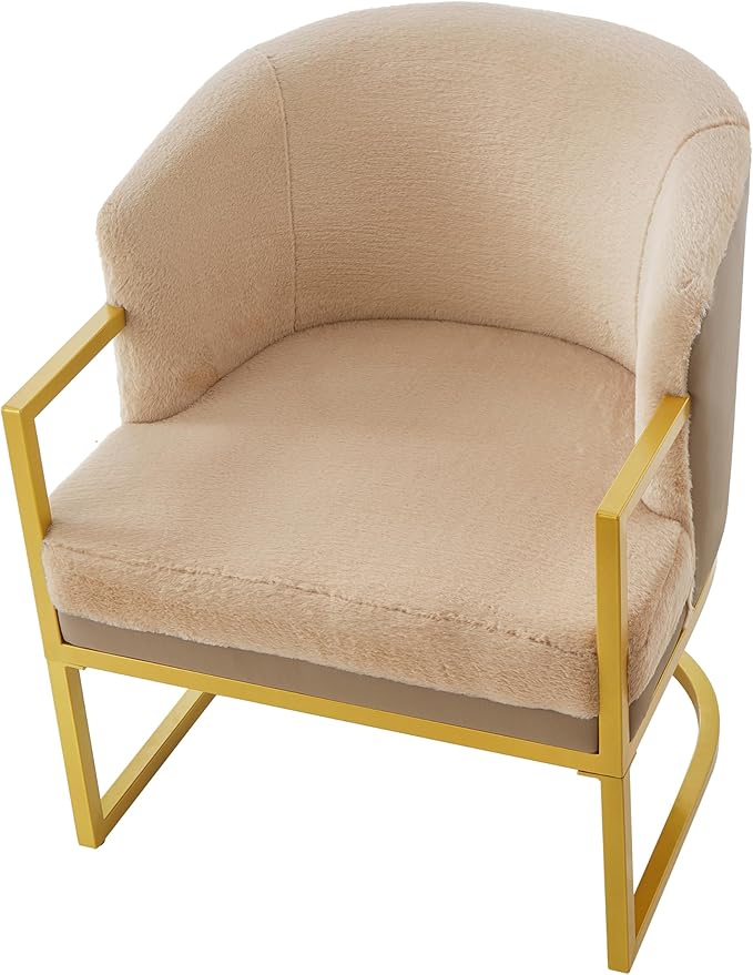 Christopher Knight Home Hailey Modern Accent Chair Faux Rabbit Fur Upholstered Lounge Chair Indoor Curved Backrest Armchair Soft Cushion Seating for Living Room Reading Home Brown + Gold