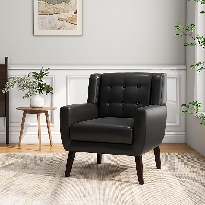 Accent Chair Mid-Century Modern PU Leather Chairs with Arms for Living Room Comfy Upholstered Club Single Sofa Armchair for Bedroom Waiting Room with Solid Wood Frame（Leather Black Set of 2)