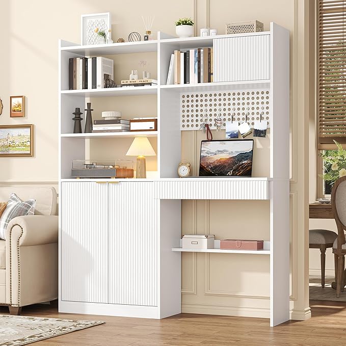 63 Tall Computer Desk with Hutch Fluted Wood Computer Desk Featuring Charging Station Drawer and Storage Cabinet for Home Office Work and Study (White)