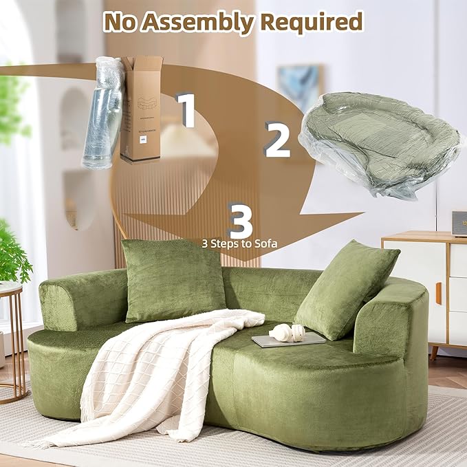 DYHOME Curved Loveseat Cloud Couch 79 Green Modern Curved Couch Sofa for Living Room Chenille Cloud Sectional Sofa with 2 Pillows for Small Spaces Wide Armrest &amp Memory Foam No Assembly Requi