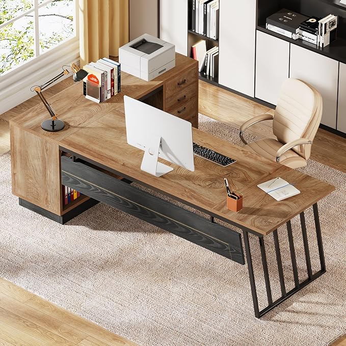 Tribesigns 71-Inch Executive Desk L-Shaped Desk with Cabinet Large Office Desk with Drawers and Storage Shelves Writing Table Computer Desk for Home Office Oak and Black