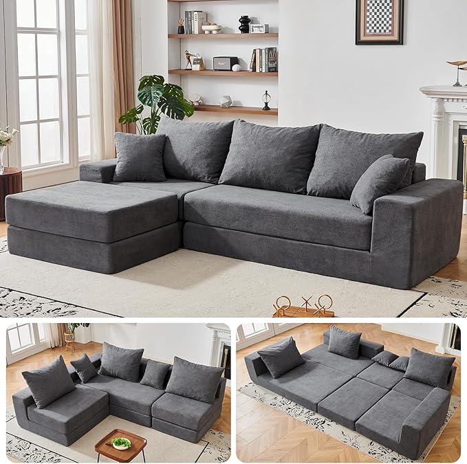 108'' Modular Sectional Couch Modern 3-Seater Boneless Cloud Sleeper Sofa L-Shaped Convertible Sectional with Non-Slip Bottom No Assembly Required Deep Seats Couch for Living Room Grey
