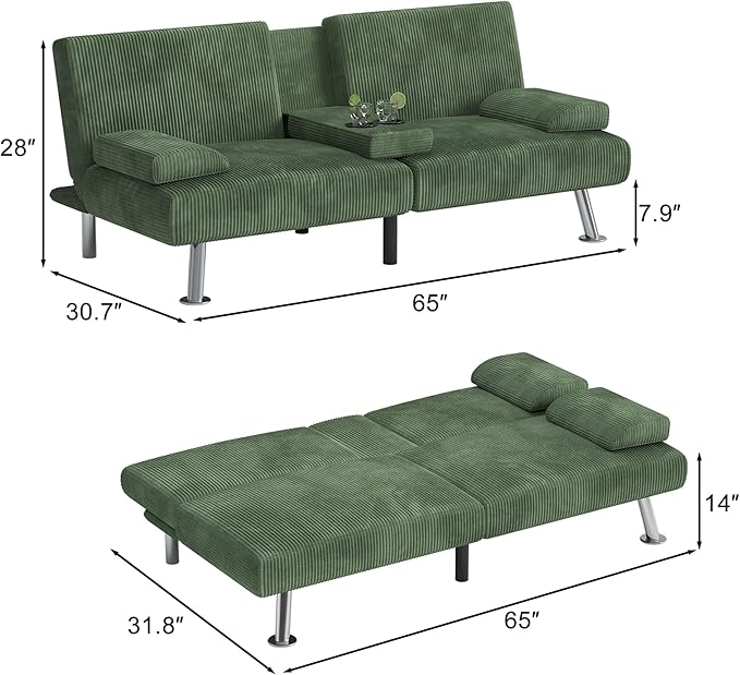 Shahoo Modern Upholstered Convertible Folding Futon Sofa Bed with Removable Armrests Metal Legs 2 Cup Holders for Living Room Green