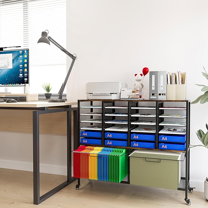 EasyPAG Rolling File Cart with 24 Slot Mail Organizer Under Desk Storage with Hanging File Rack for Letter/Legal Folders Mobile Filing Cabinet Printer Stand for Office Home Classroom Black