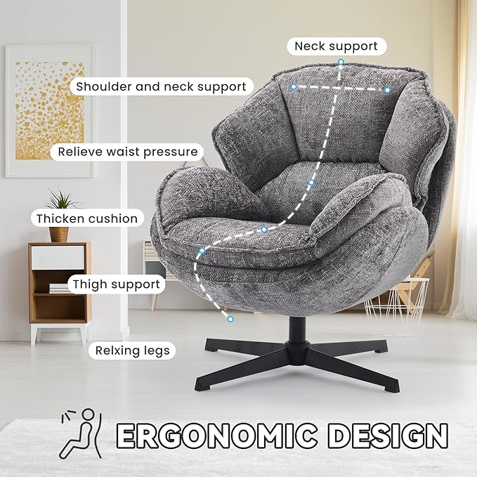 IWMH Swivel Accent Chair for Living Room Upholstered Armchair with Metal Legs Lounge Sofa Chair Comfy Leisure Chairs for Bedroom Reading (Gray)