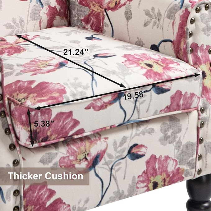 Accent Chair Upholstered High Back Floral Armchair with Nailhead Trim &amp Wood Legs Comfy Wingback Reading Single Sofa Chair for Small Spaces Living Room Bedroom-White Floral Set of 1